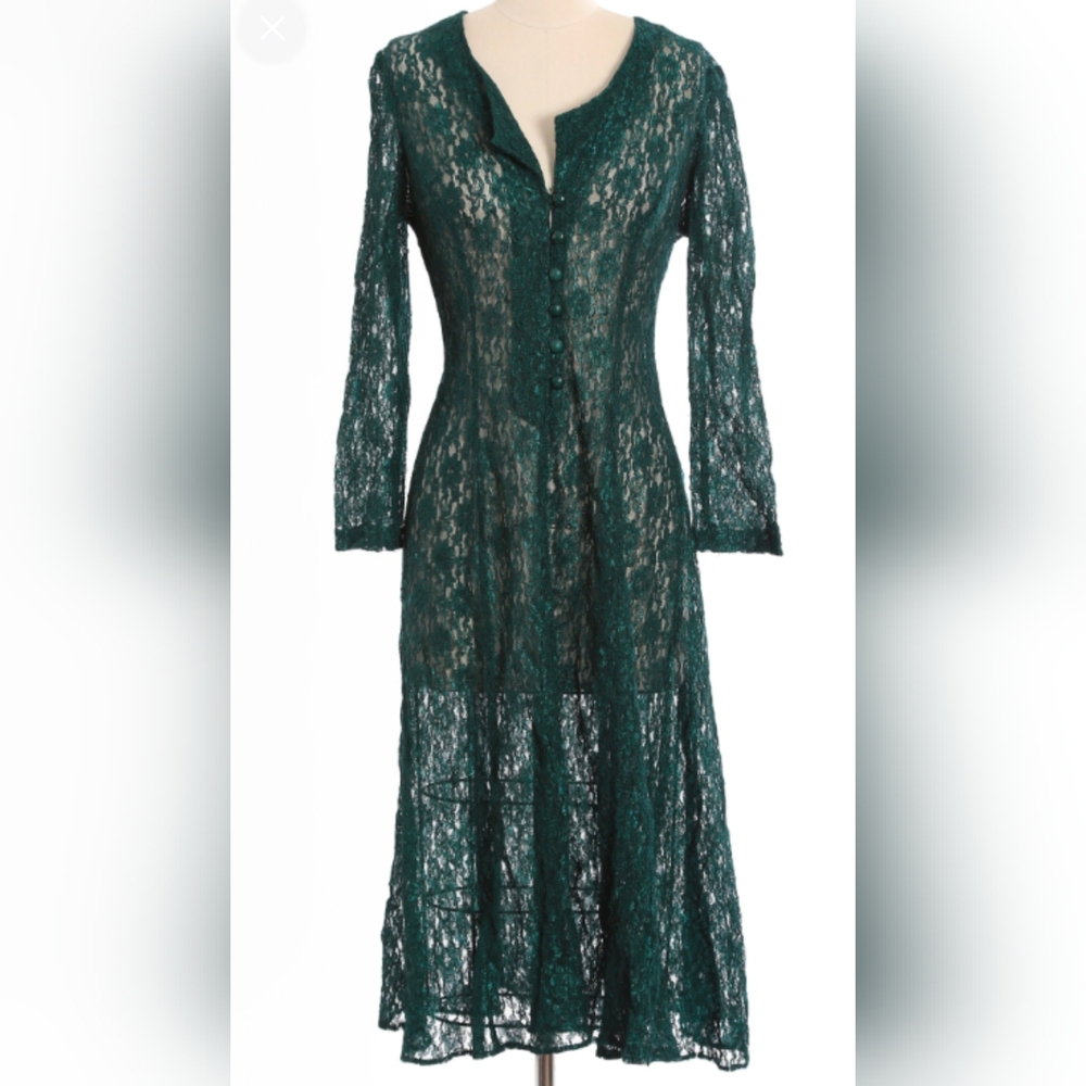 VTG Dawn Joy witchy dark green lace dress with corset lace in back 80s - 90s